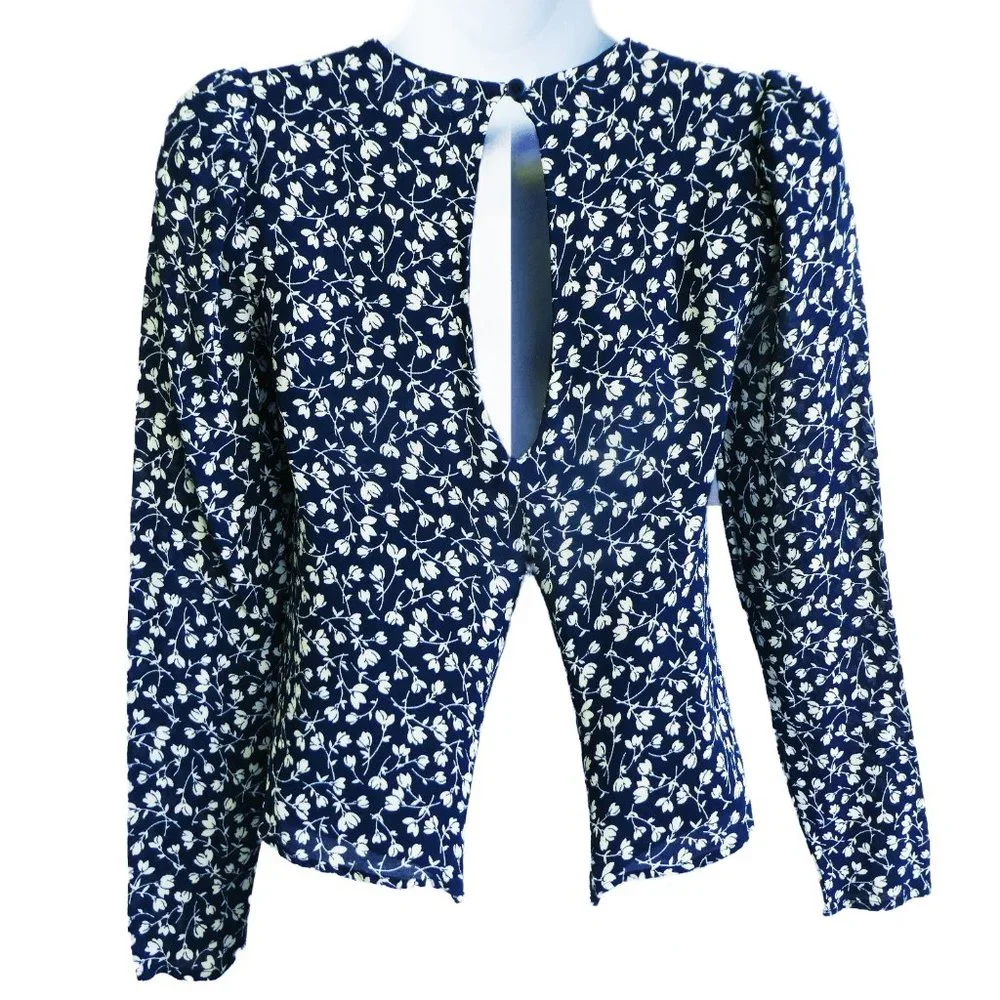 Reformation USA Floral Puff Long Sleeve Top Cutout Keyhole Button Zipper Back XS
